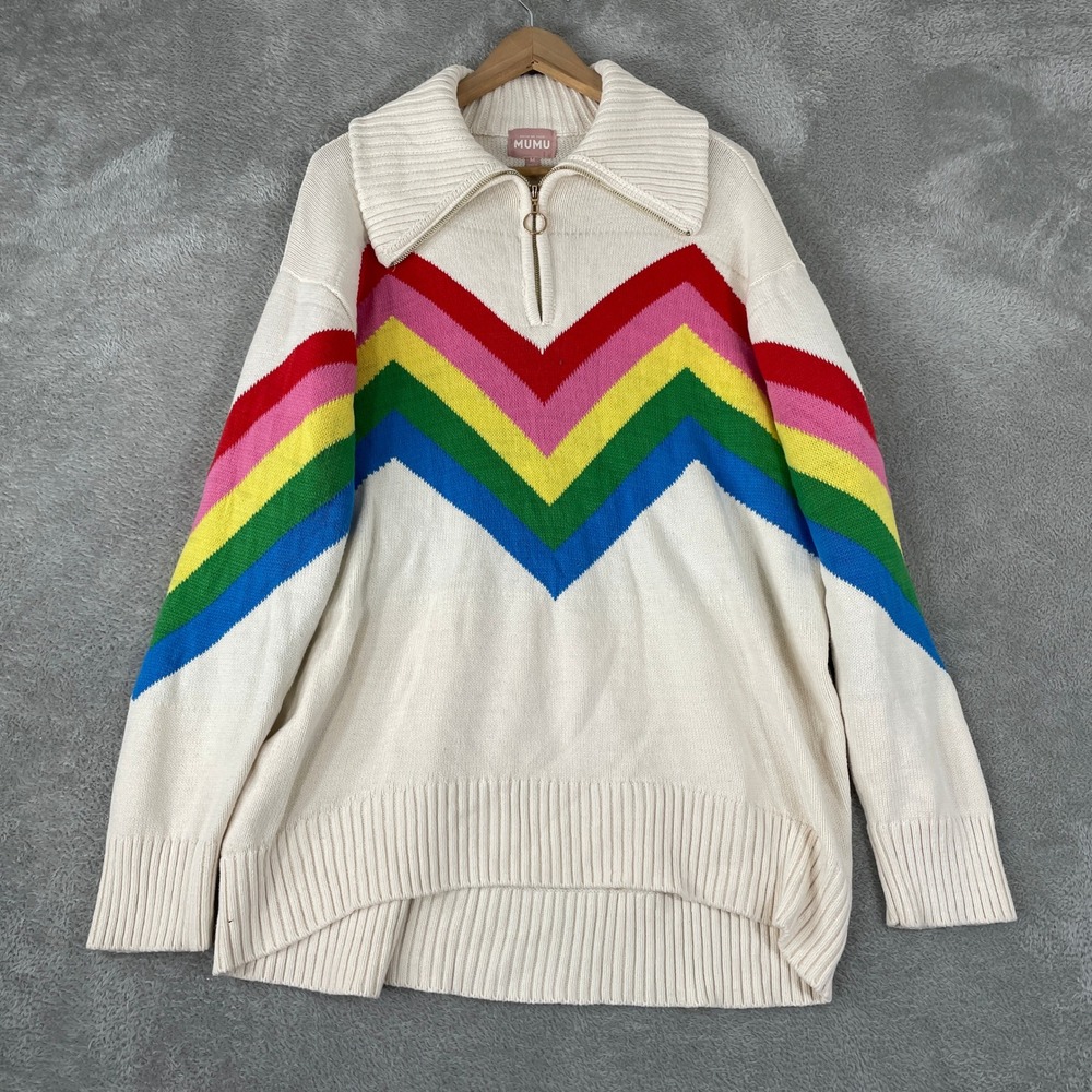 Show Me Your Mumu Sweater Womens Medium White Rainbow Chevron Weston Half Zip